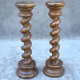 Antique pair of twisted oak candlesticks, table decoration, French heritage