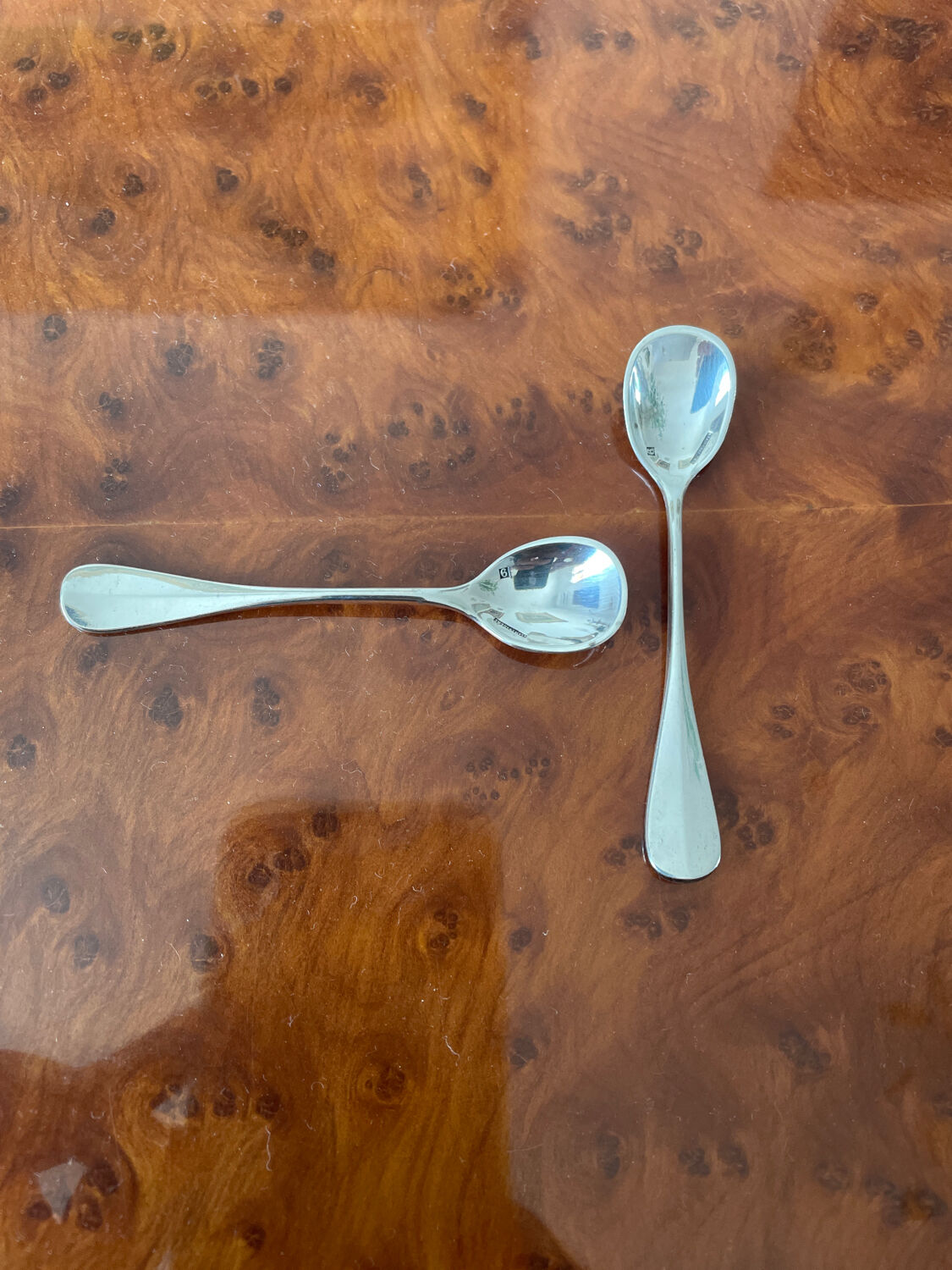 Duo of small salt spoons silver metal.