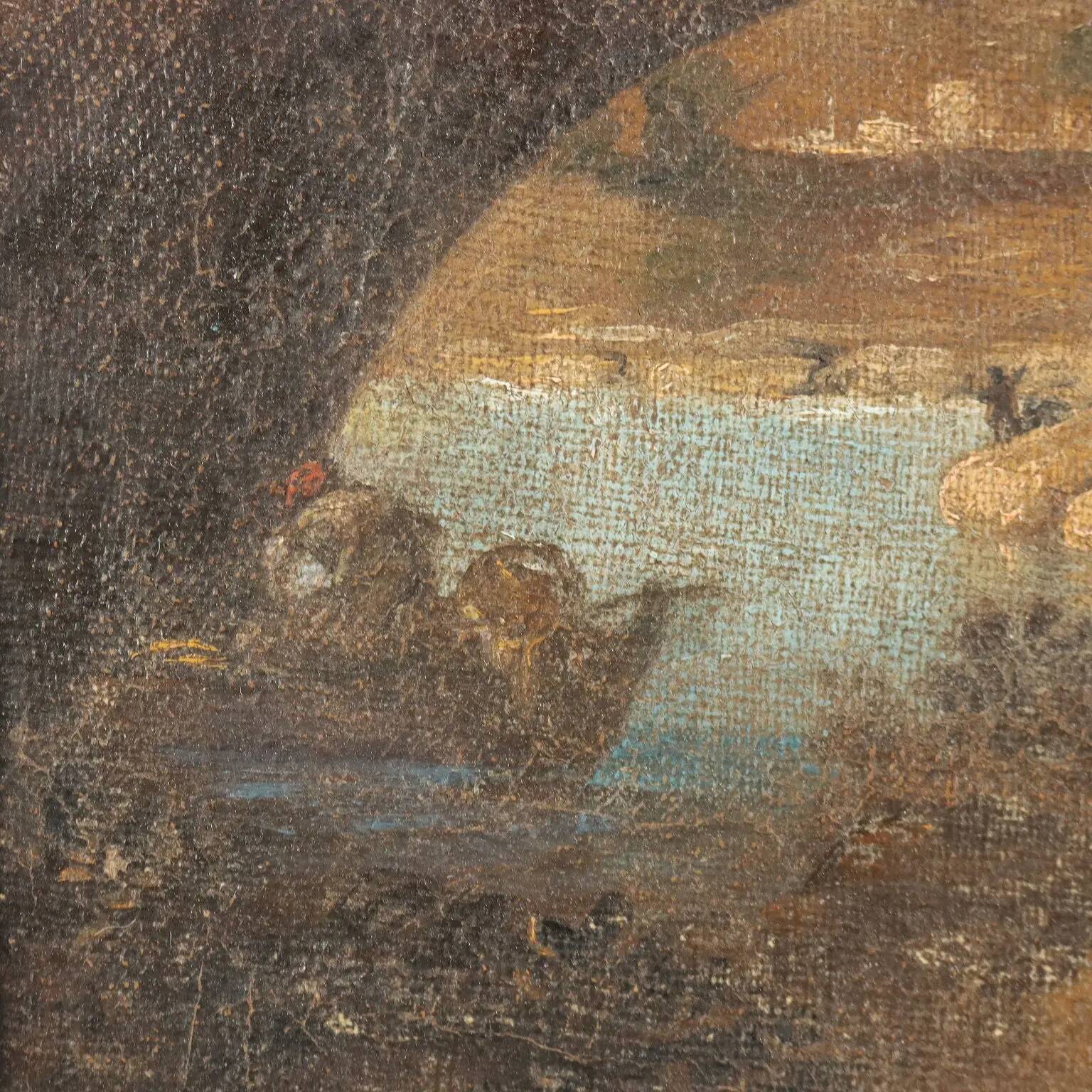 Old painting landscape with bridge, oil on canvas, 18th century