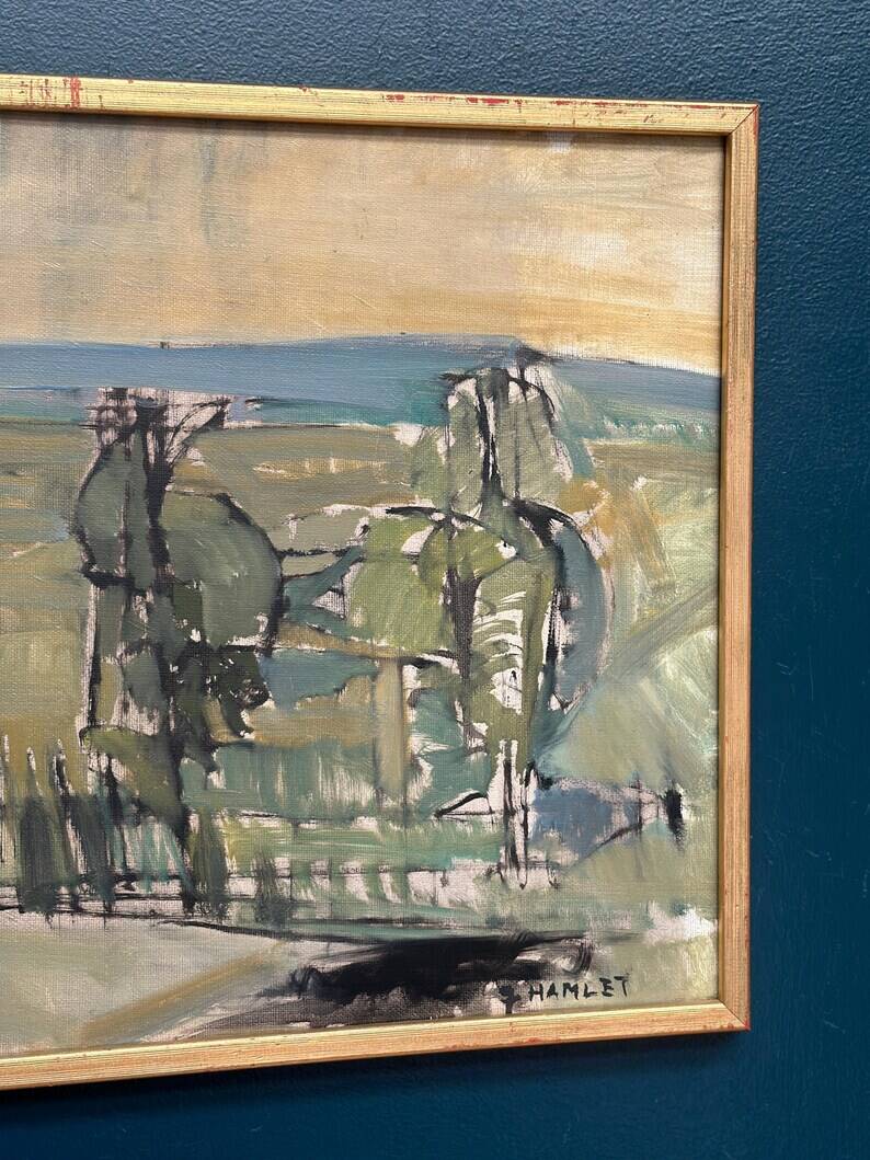 Original Swedish Oil on Canvas – “Abstract Landscape” by S. Hamlet – Dated 1960 – Vintage and Framed – 66 × 48 cm (26" × 18.9")
