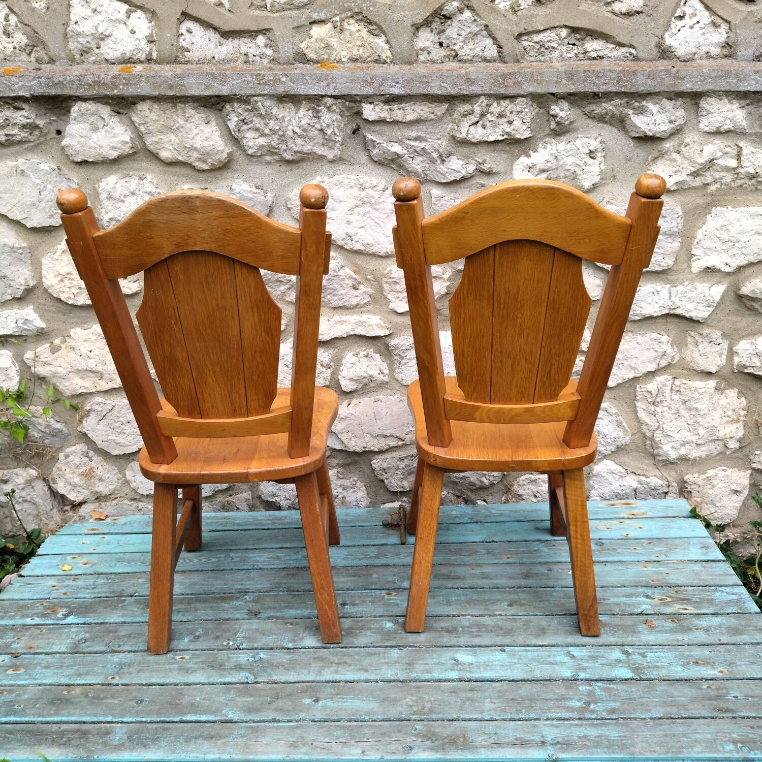 Pair of neo-rustic 60s solid wood chairs