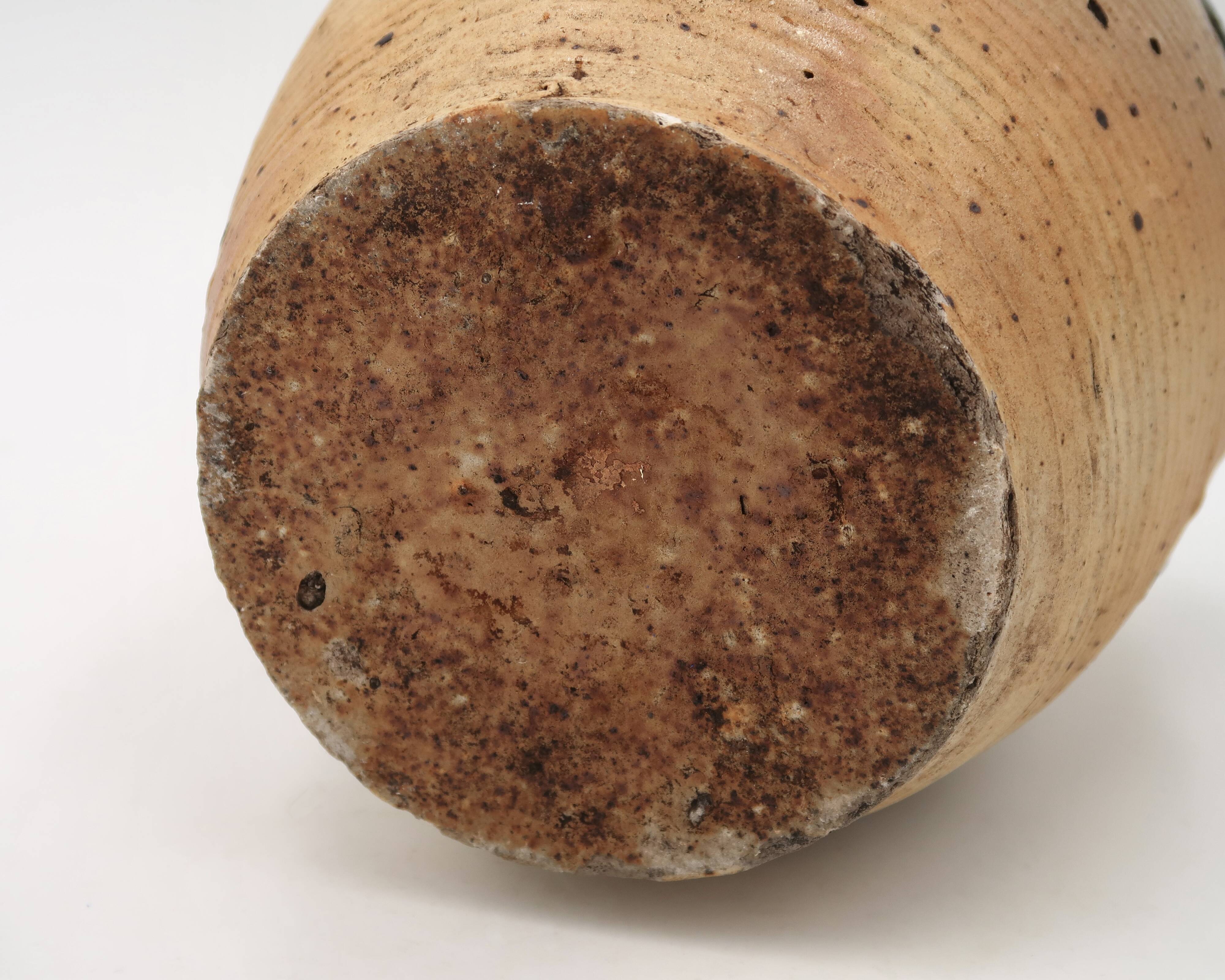 Traditional wabi-sabi stoneware ceramic jar with handles, 1900