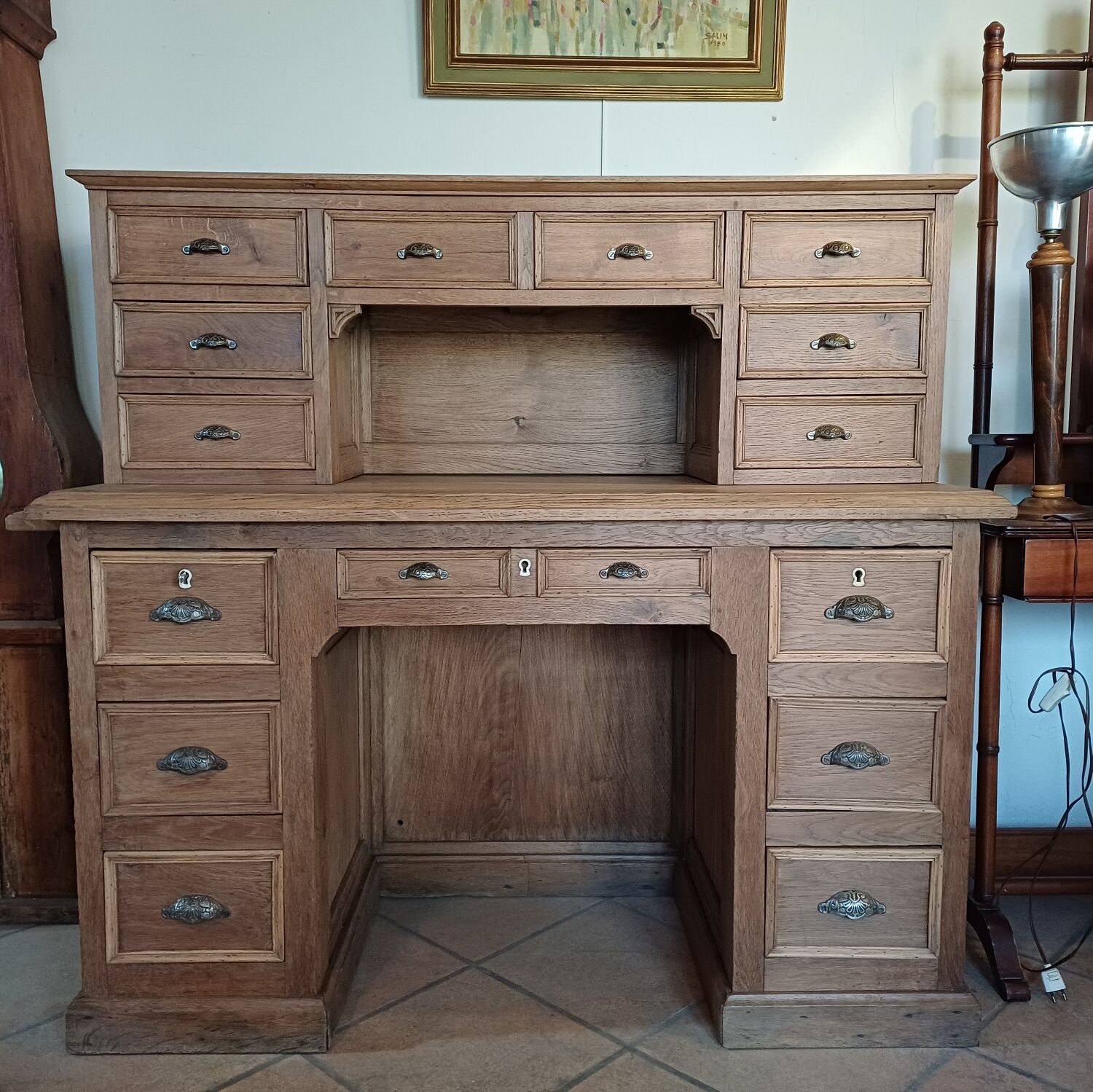 Antique desk with 15 drawers, professional furniture.