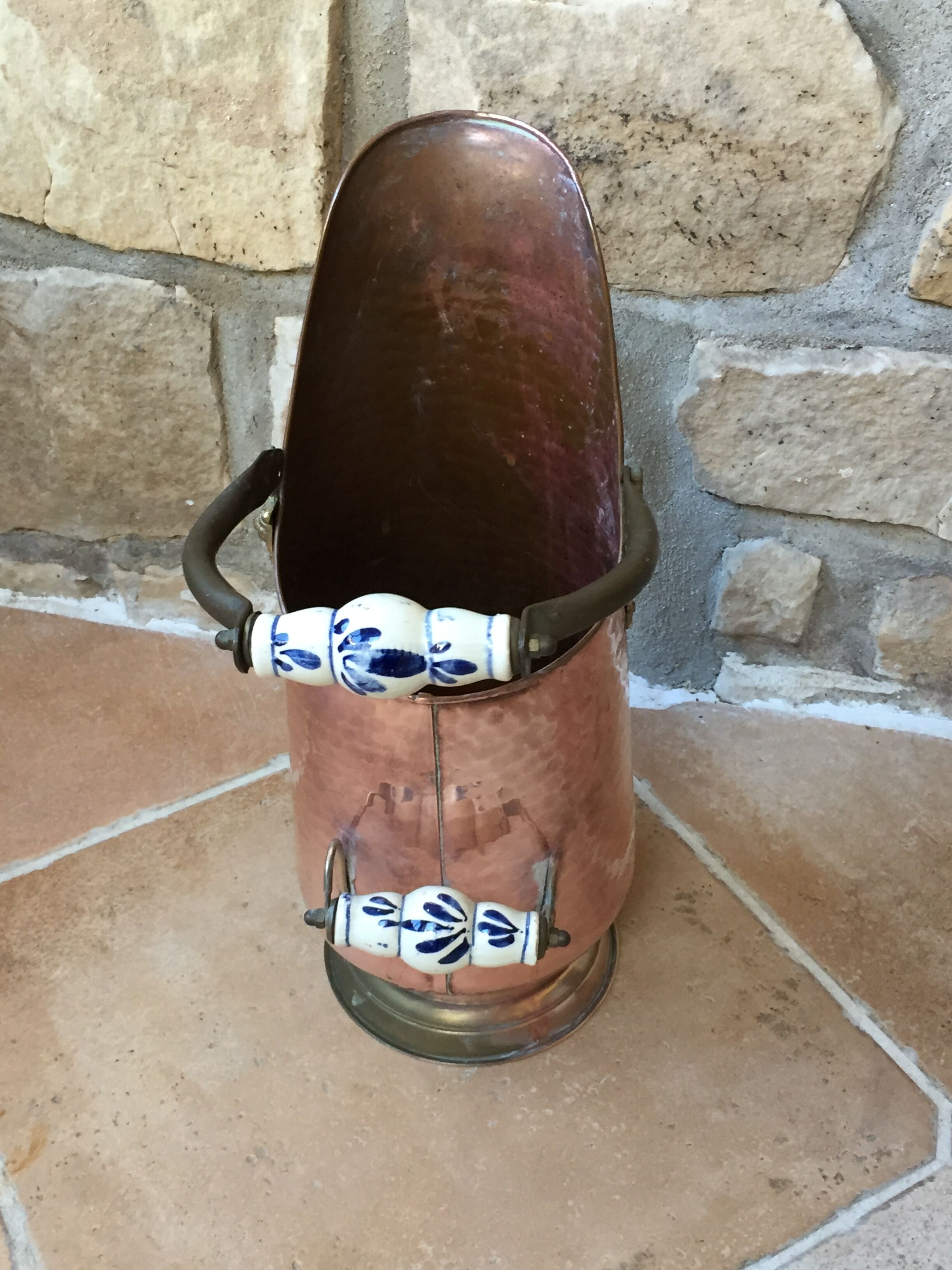Pink hammered copper coal bucket and porcelain handles