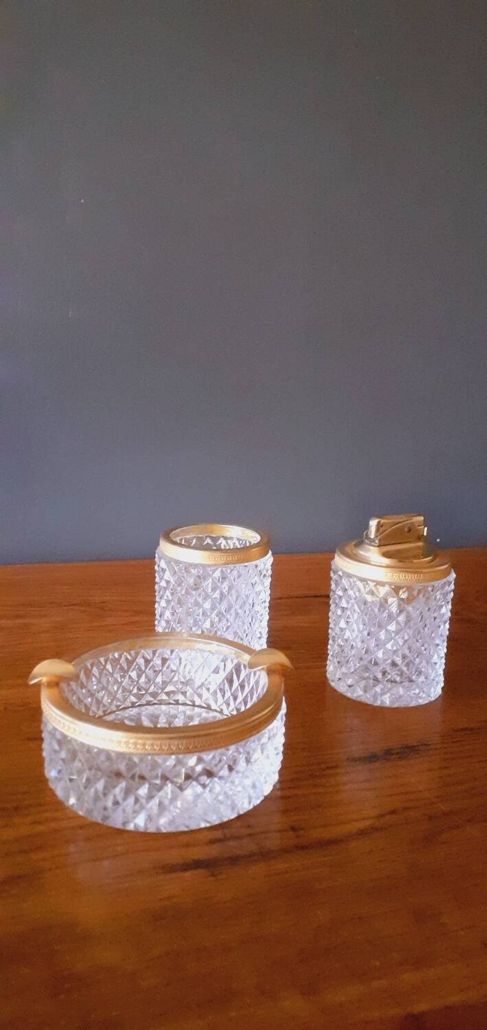 1950s Baccarat crystal and gold-plated metal smoker's kit