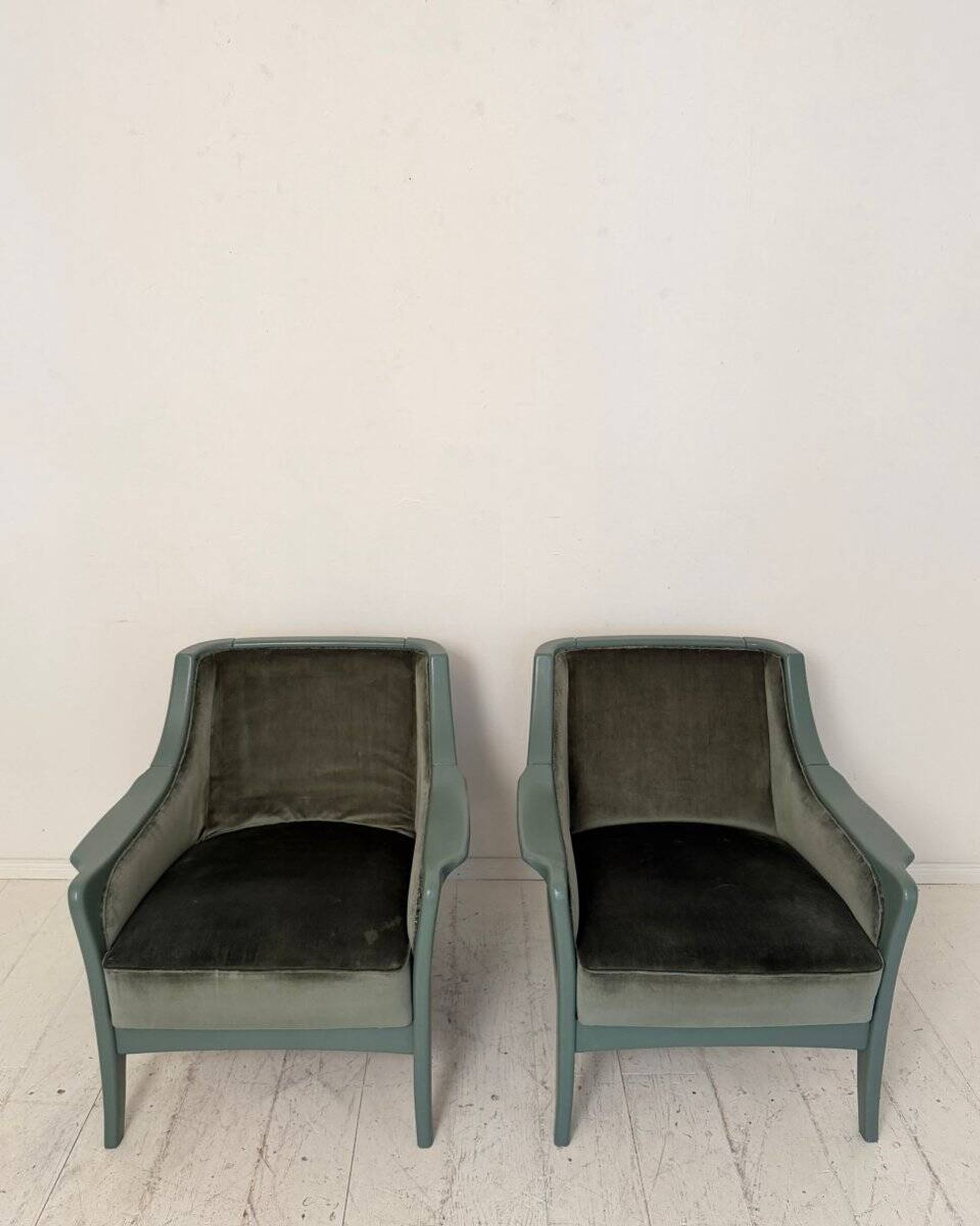 Pair Lounge Chairs in green velvet and lacquered wood, France, 1950