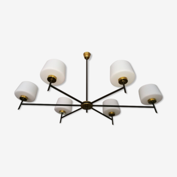 VINTAGE chandelier in black metal, brass and opaline 60S