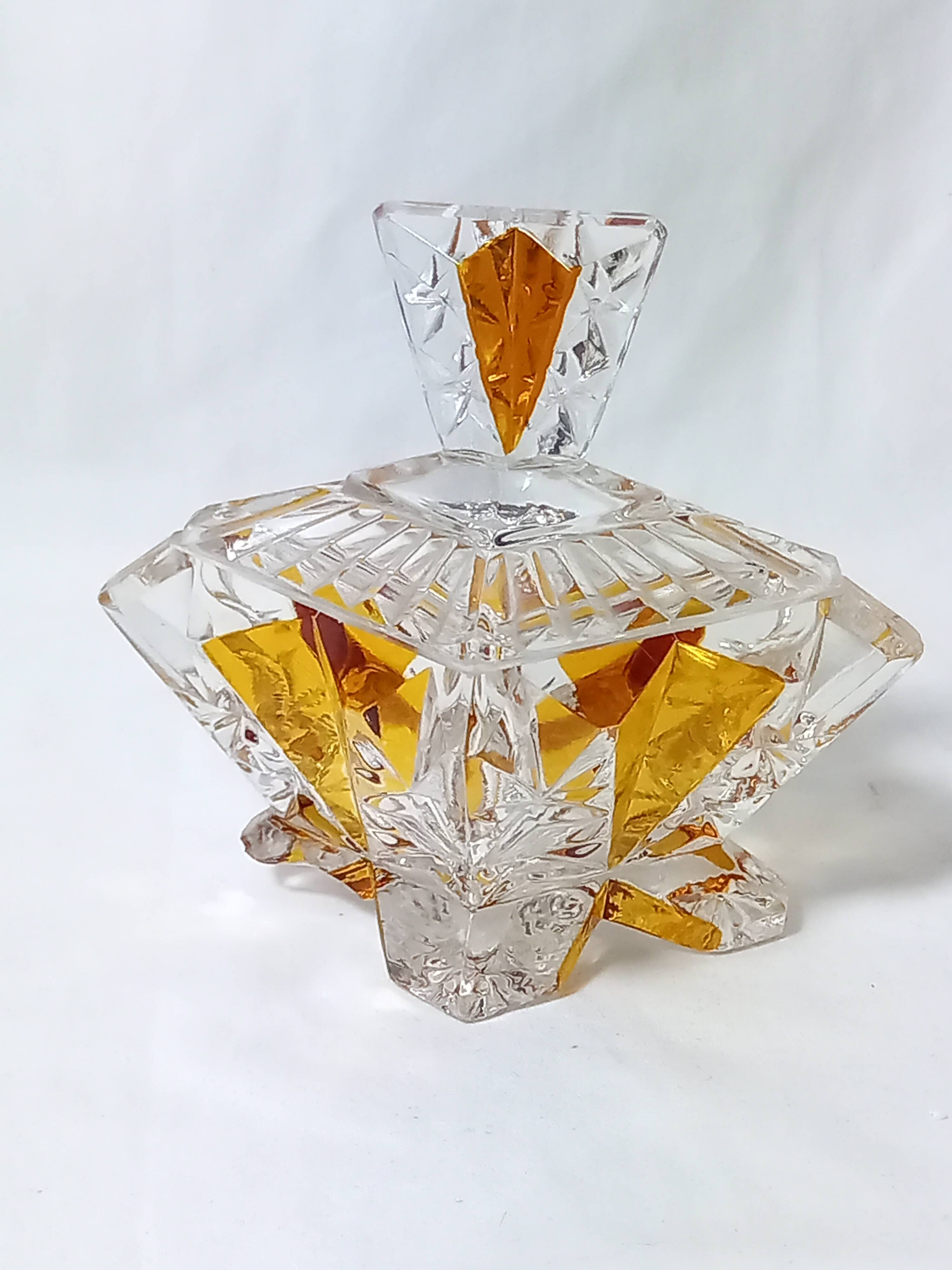 Art Deco Perfume Bottle, Pot and Tray in Transparent and Amber Glass