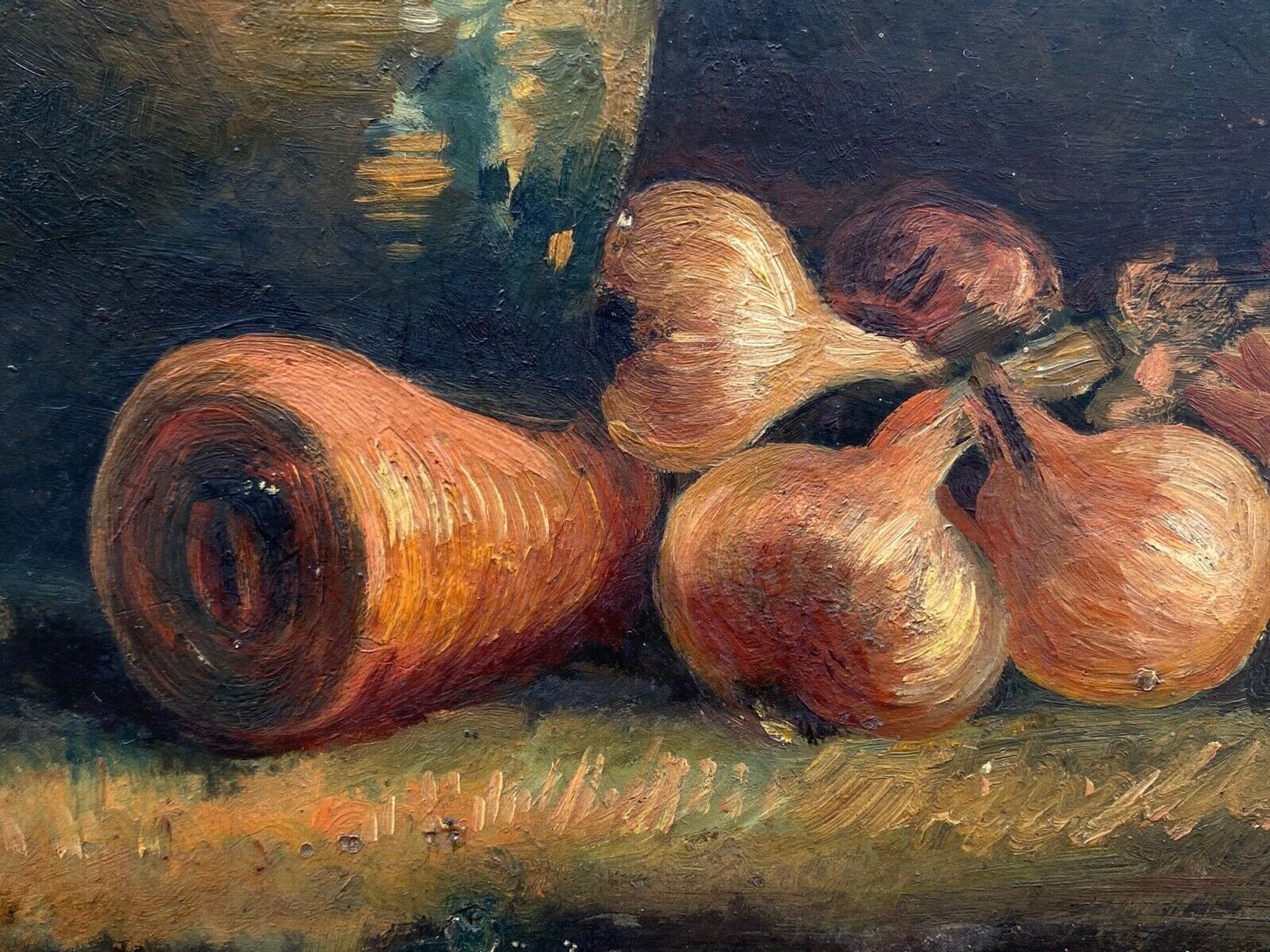 Oil on cardboard still life with pitcher and onions early twentieth century
