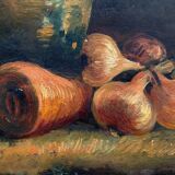 Oil on cardboard still life with pitcher and onions early twentieth century