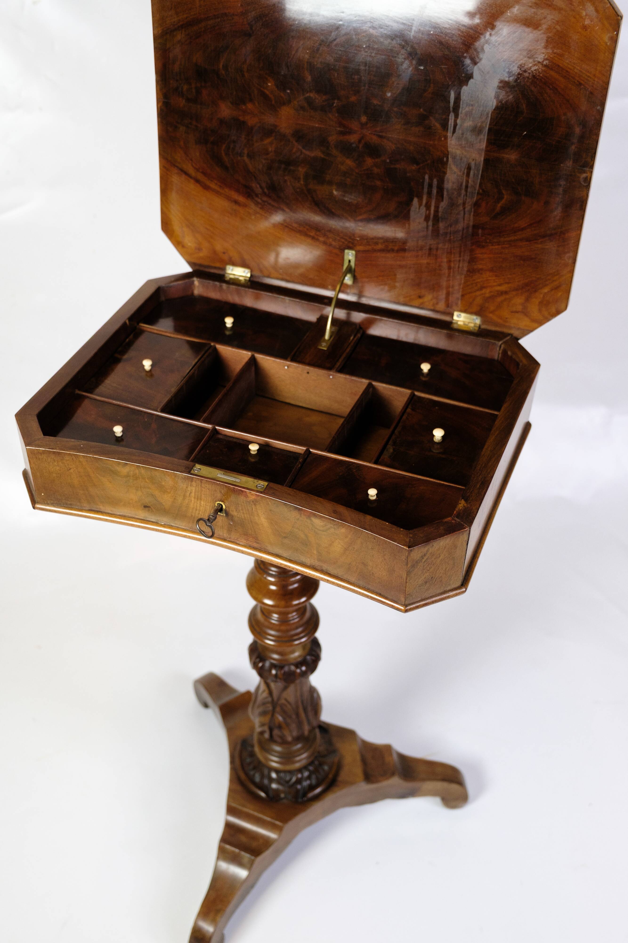 Anitque Side/Sewing Table On Column Made In Mahogany From 1890s