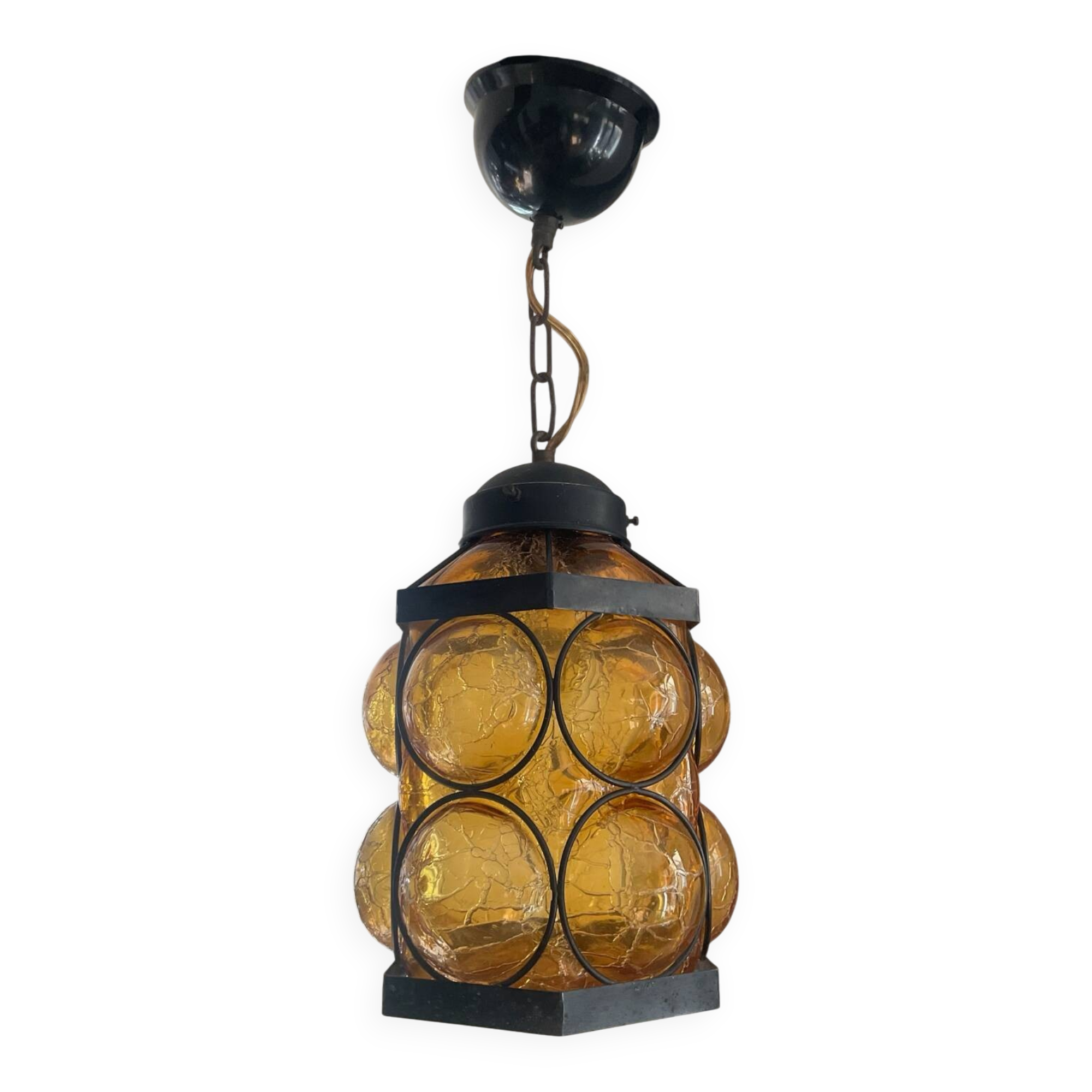 Suspension en verre ambré et fer forgé des années 60