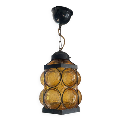 Suspension en verre ambré et fer forgé des années 60