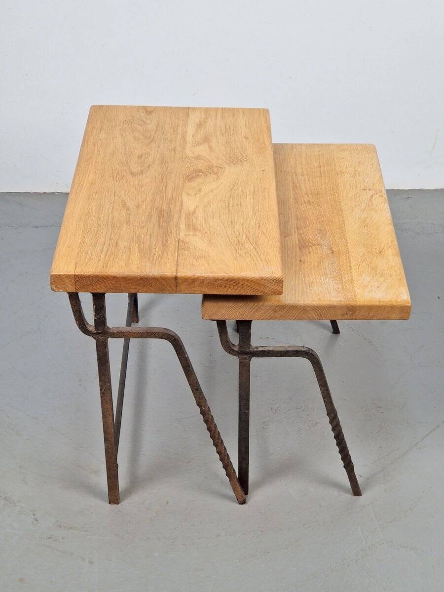 Brutalist Cast Iron and Oak Nesting Tables, 1970s, Set of 2