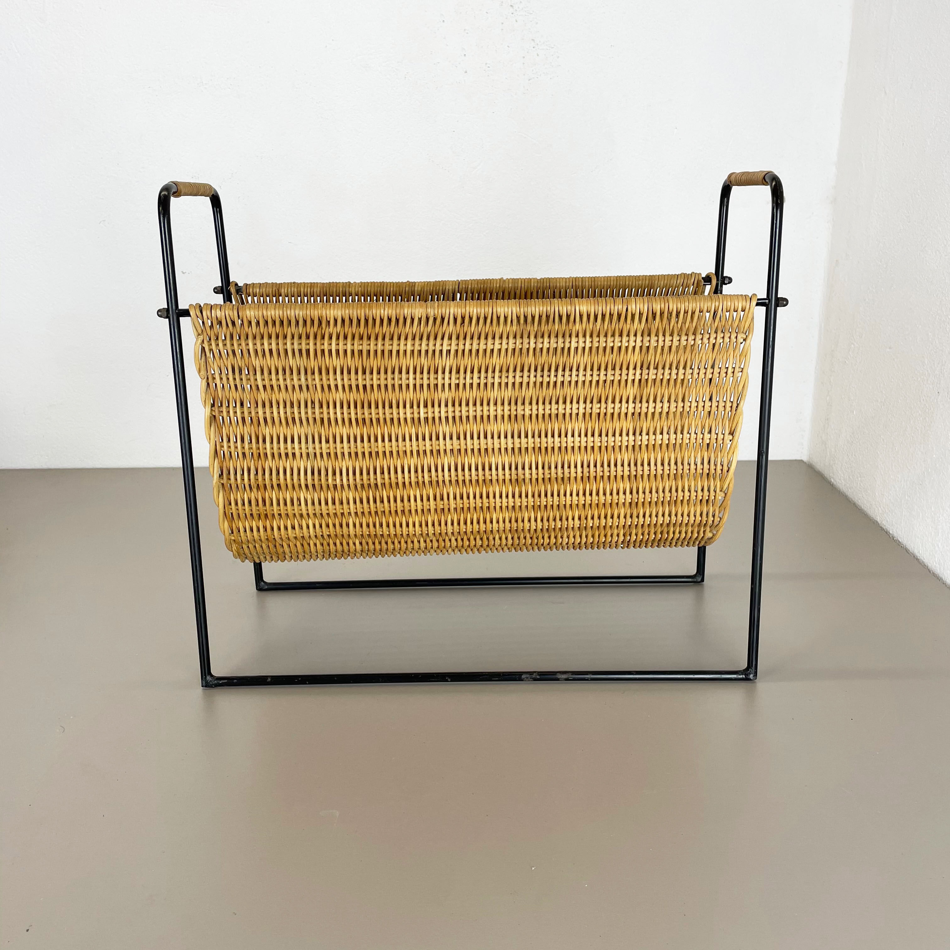 Aubock Style Mid-Century Rattan Bauhaus Magazine Holder, France, 1950s