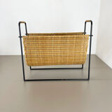 Aubock Style Mid-Century Rattan Bauhaus Magazine Holder, France, 1950s