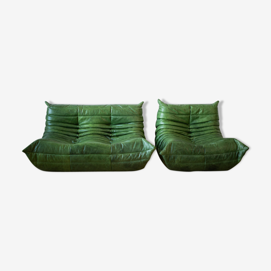 Dubai Green Leather Togo Lounge Chair by Michel Ducaroy for Ligne