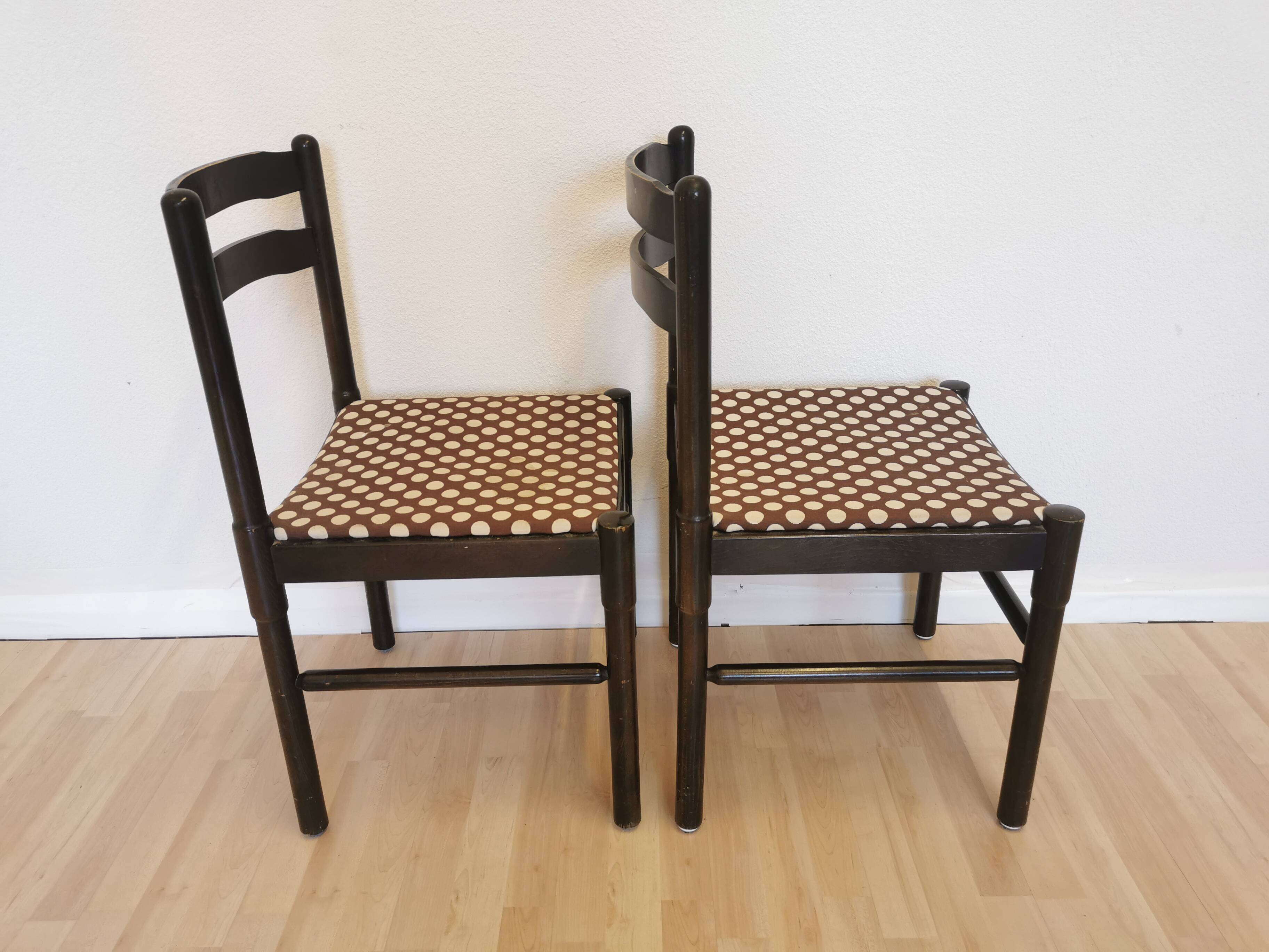 Set of 2 Vintage Wooden Dining Chairs: Brown & White Polka Dot Fabric 80s