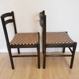 Set of 2 Vintage Wooden Dining Chairs: Brown & White Polka Dot Fabric 80s