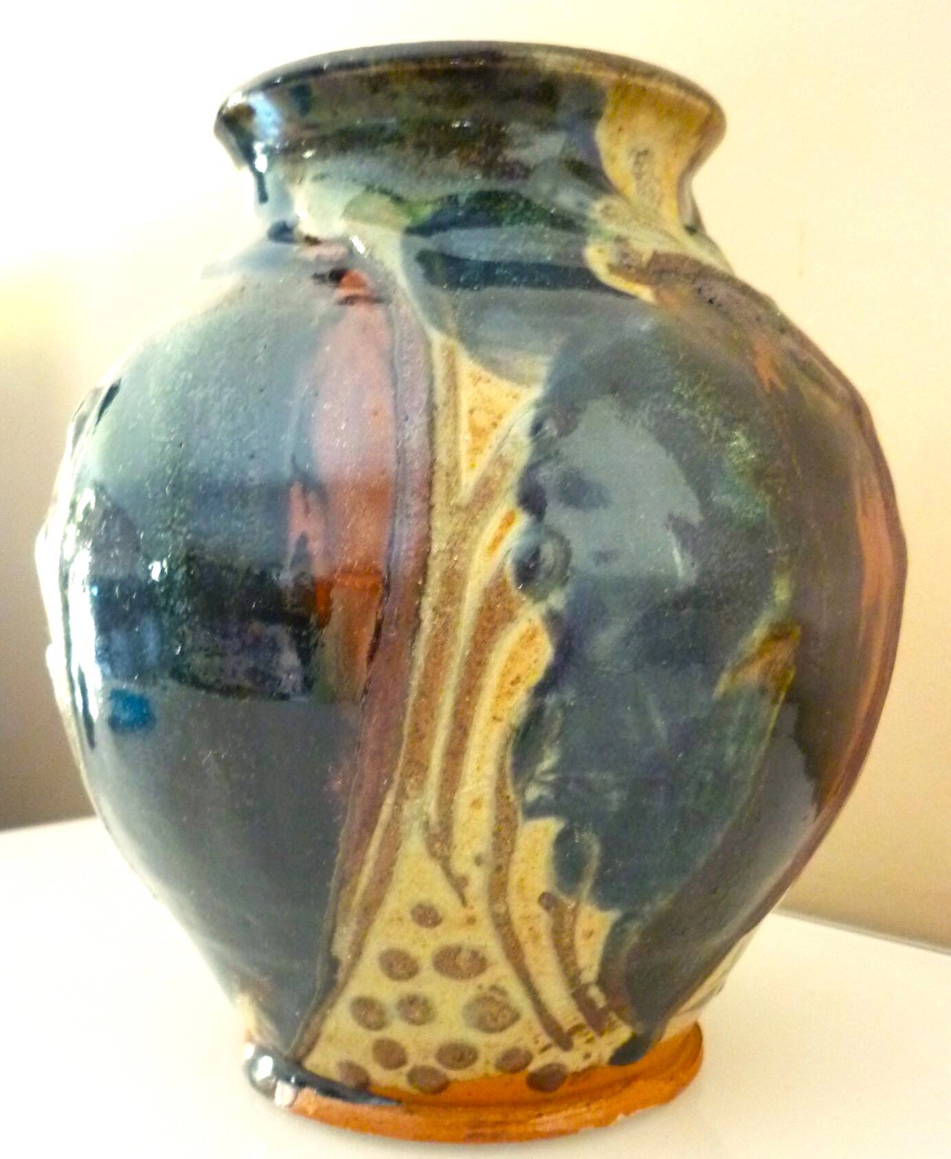 Ceramic vase, glazed stoneware, floral decoration, signature to be identified