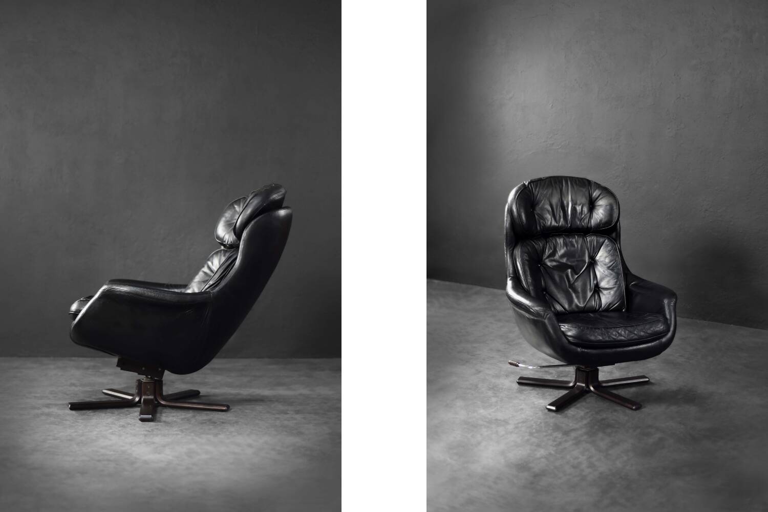 Vintage black leather swivel chair in mid-century modern Scandinavian style.