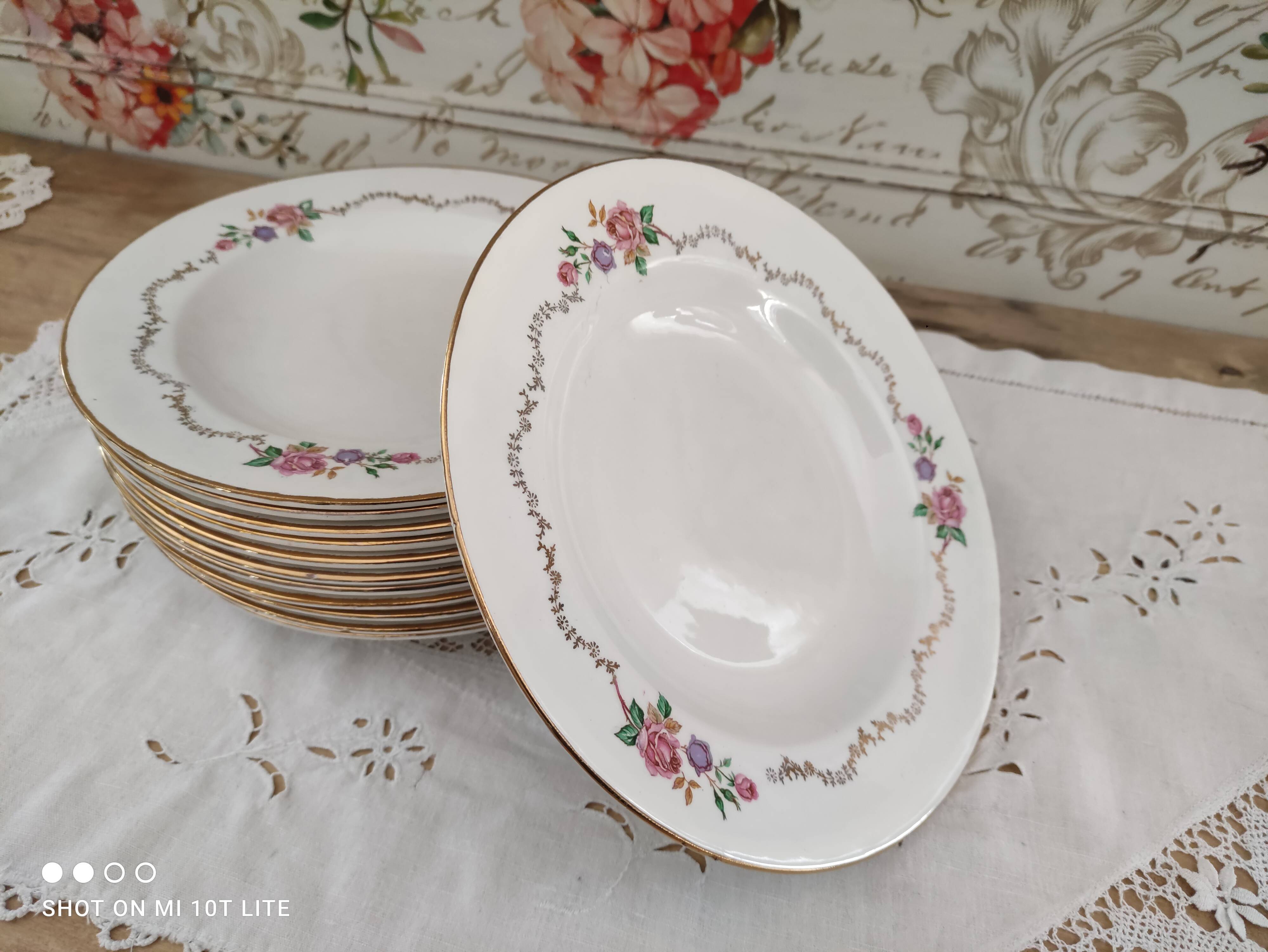 Lot de 12 assiettes creuses l'amandinoise frise dorure et roses anciennes. en demi-porcelaine poreyl