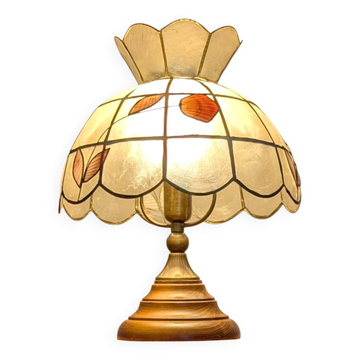Vintage lamp in wood, brass and mother-of-pearl.