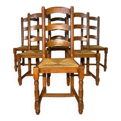 Ensemble de 6 chaises en bois massif avec assise en paille - Style rustique