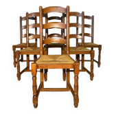 Ensemble de 6 chaises en bois massif avec assise en paille - Style rustique