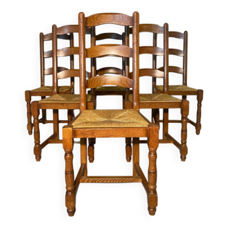 Ensemble de 6 chaises en bois massif avec assise en paille - Style rustique