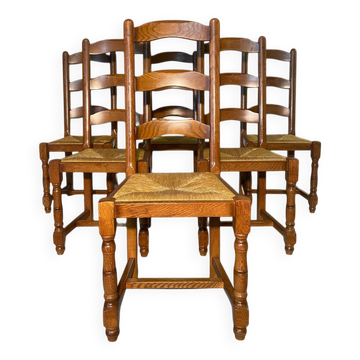 Set of 6 solid wood chairs with straw seats - Rustic style