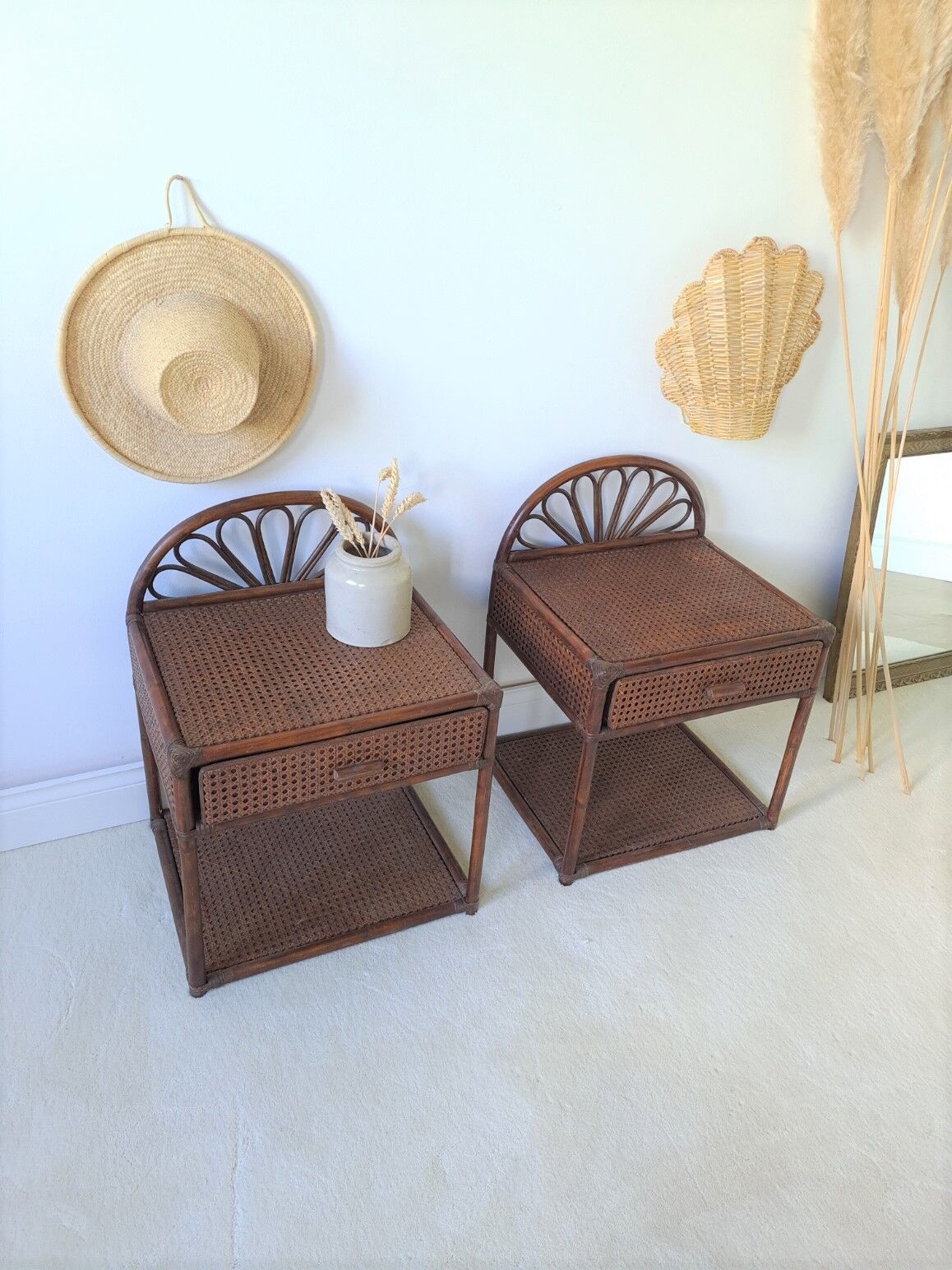 Pair of rattan bedside tables