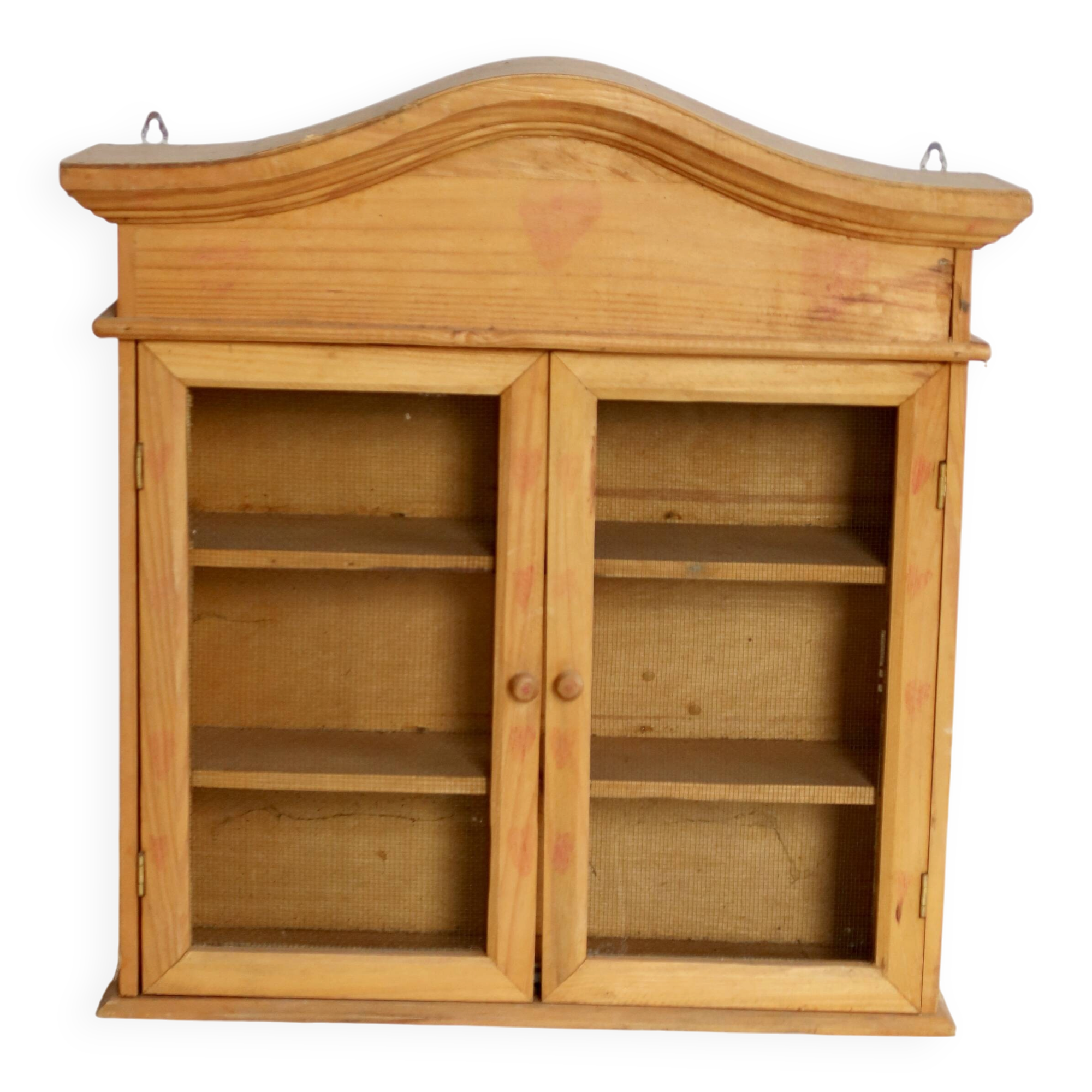Vintage wooden wall cabinet – 2 mesh doors and shelf
