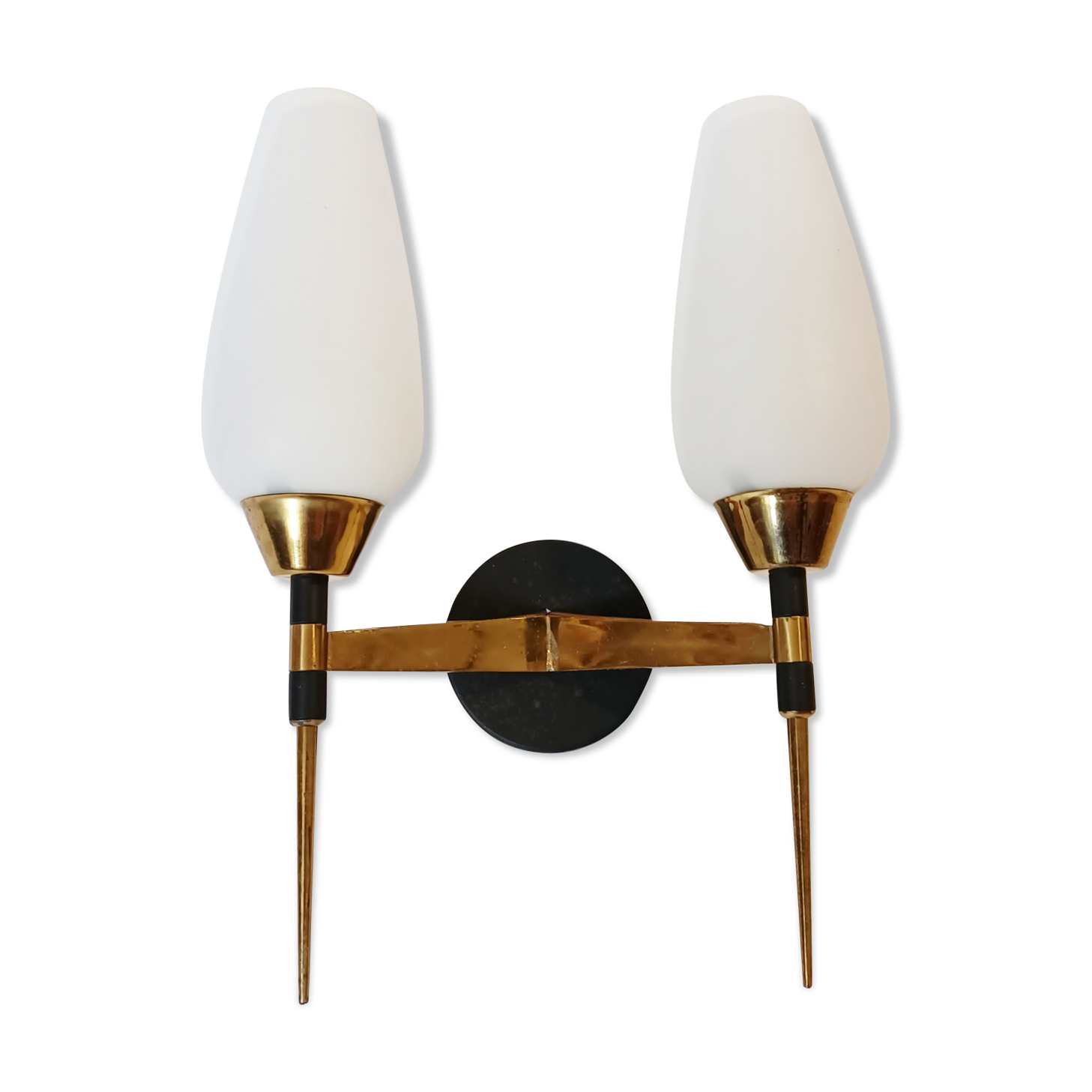 M.D two-arm wall lamp in gilded brass and black metal 1960