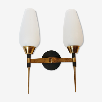 M.D two-arm wall lamp in gilded brass and black metal 1960