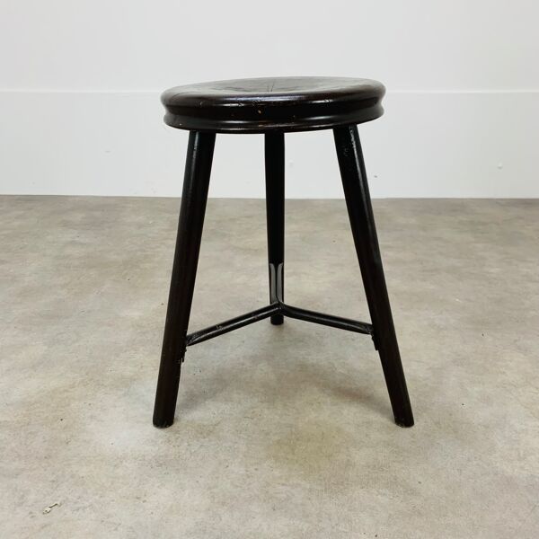 Tabouret tripode industriel métal et bois