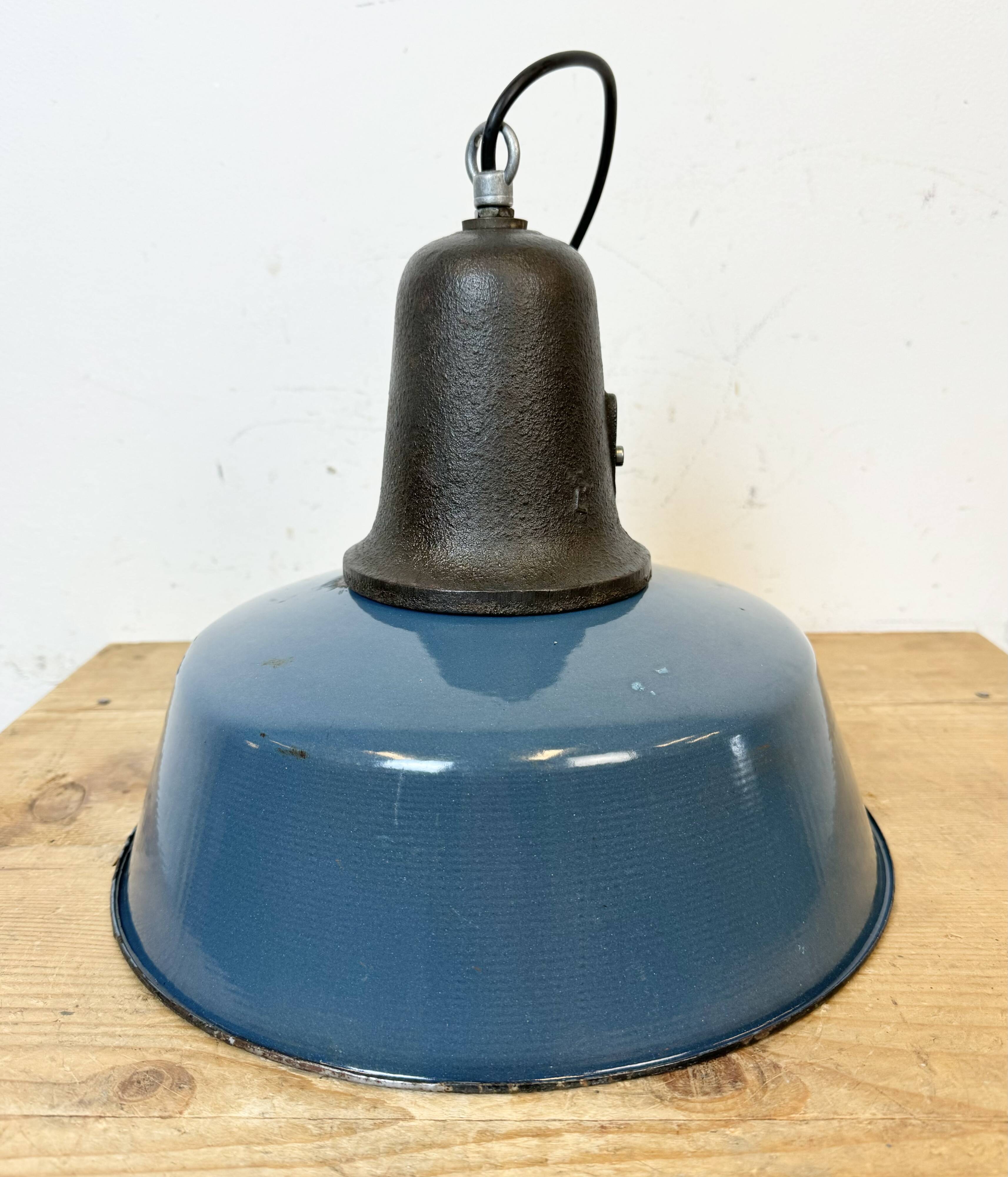 Industrial Blue Enamel Factory Lamp with Cast Iron Top, 1960s