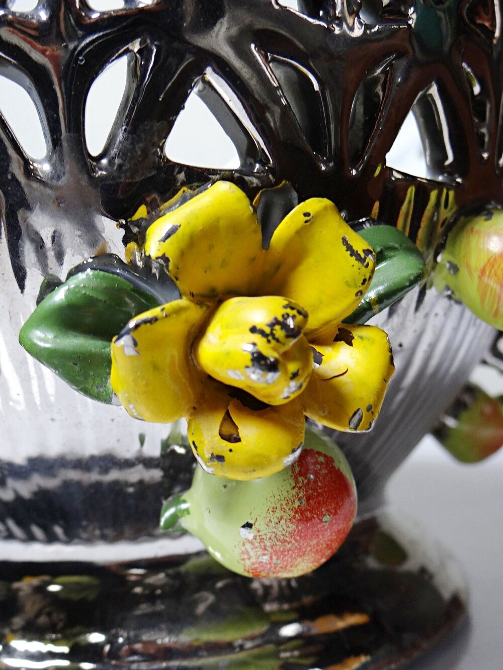 Vintage Italian silver-plated porcelain bowl with cut-out design of fruits and flowers.