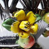 Vintage Italian silver-plated porcelain bowl with cut-out design of fruits and flowers.