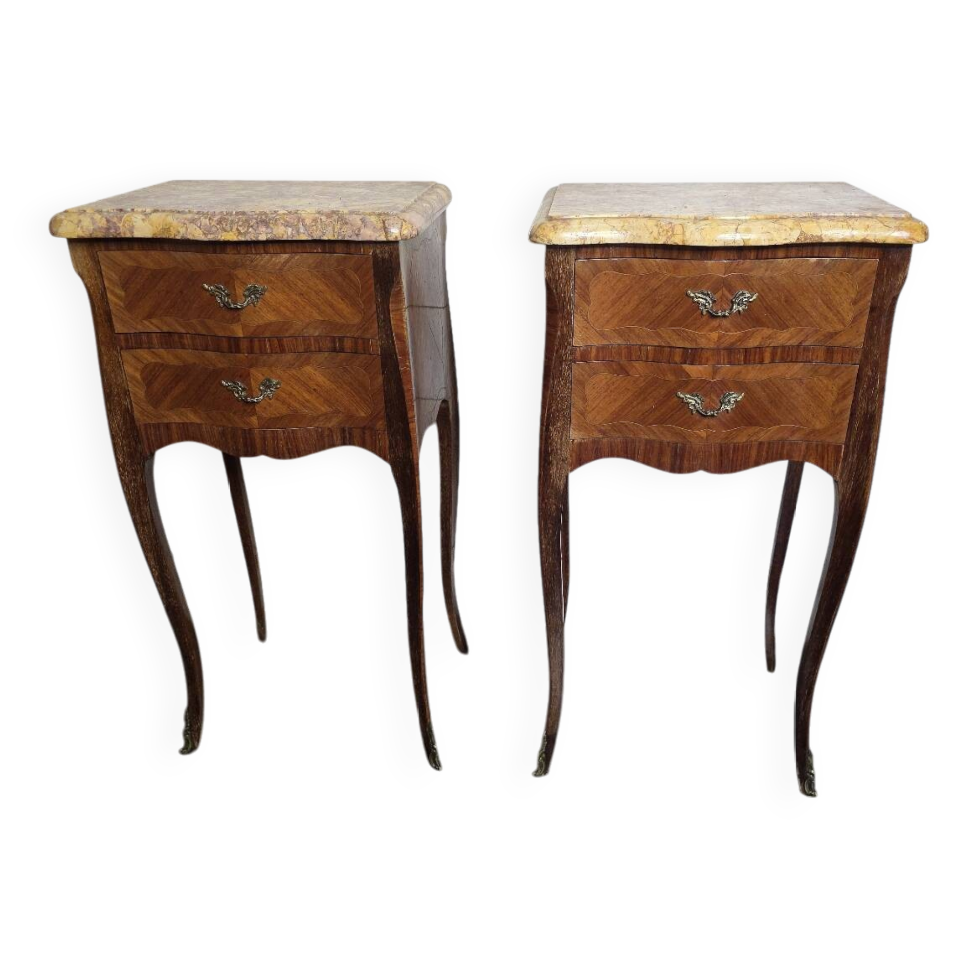 Pair of Louis XV style curved bedside tables in marquetry