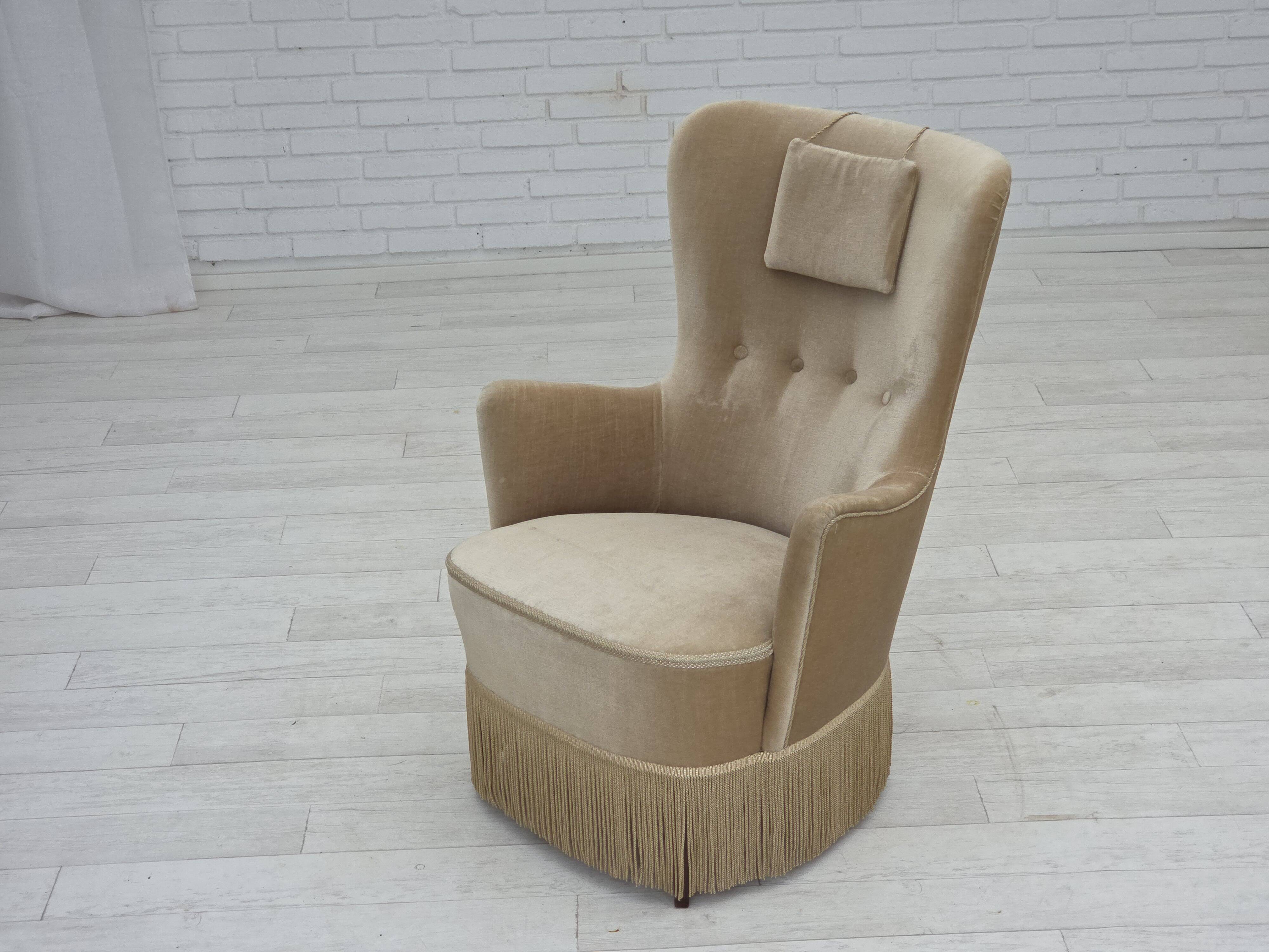 1960s, Danish armchair in green/brown furniture velour, original condition.