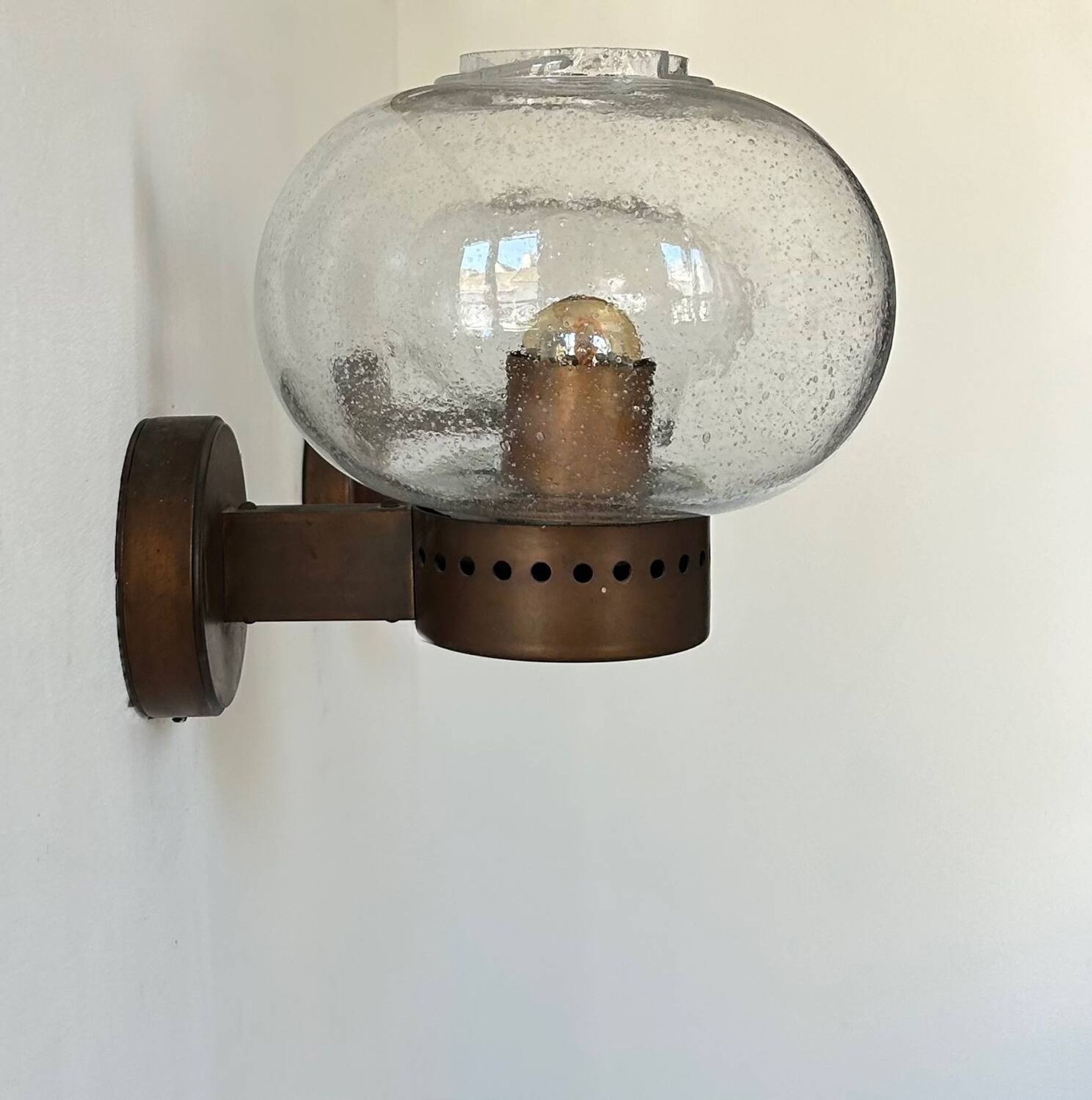 Pair of vintage wall lights, copper and bubbled glass, BEGA Germany 1970