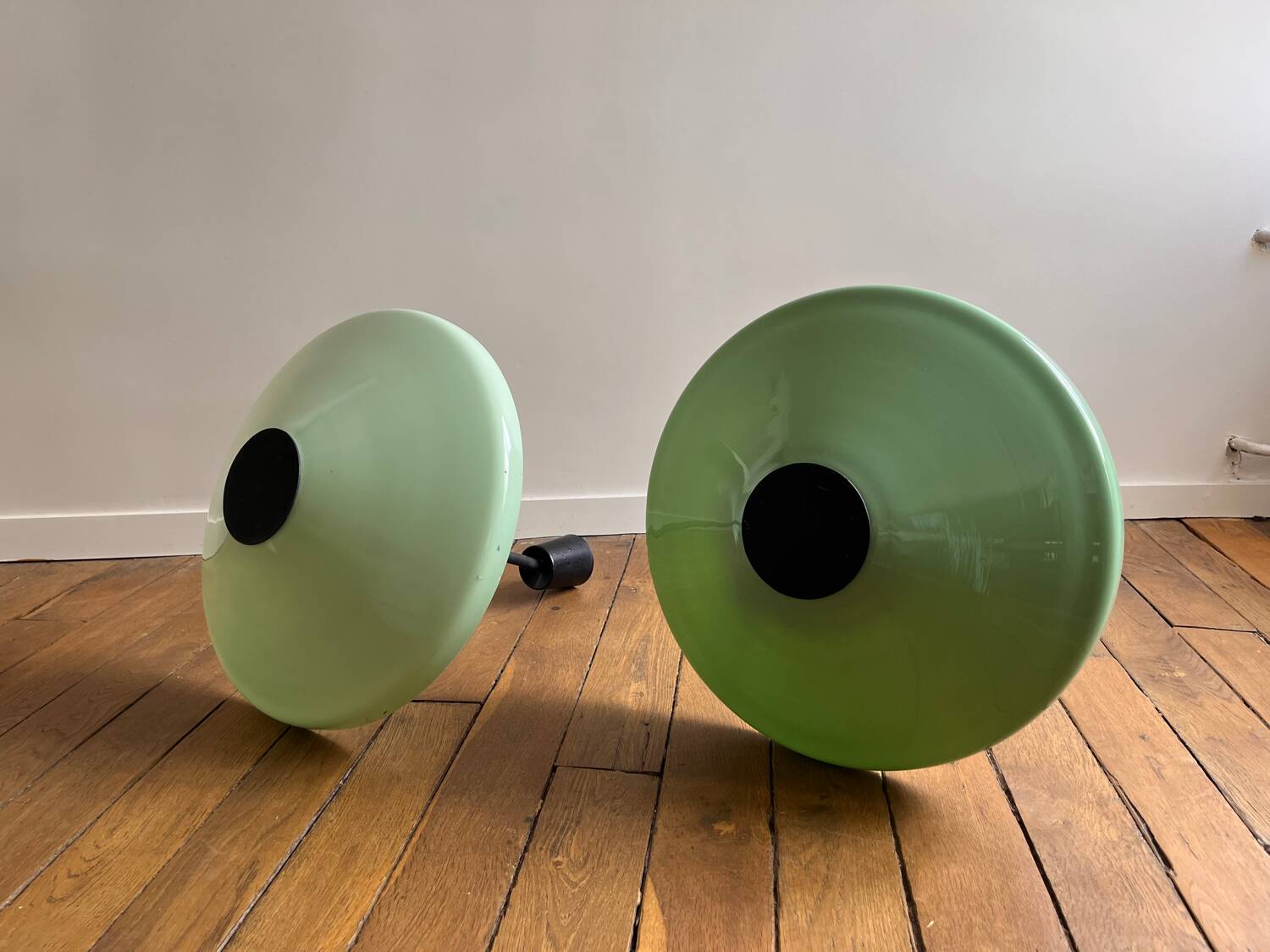 Pair of Art Deco opaline pendant lights from the 1940s