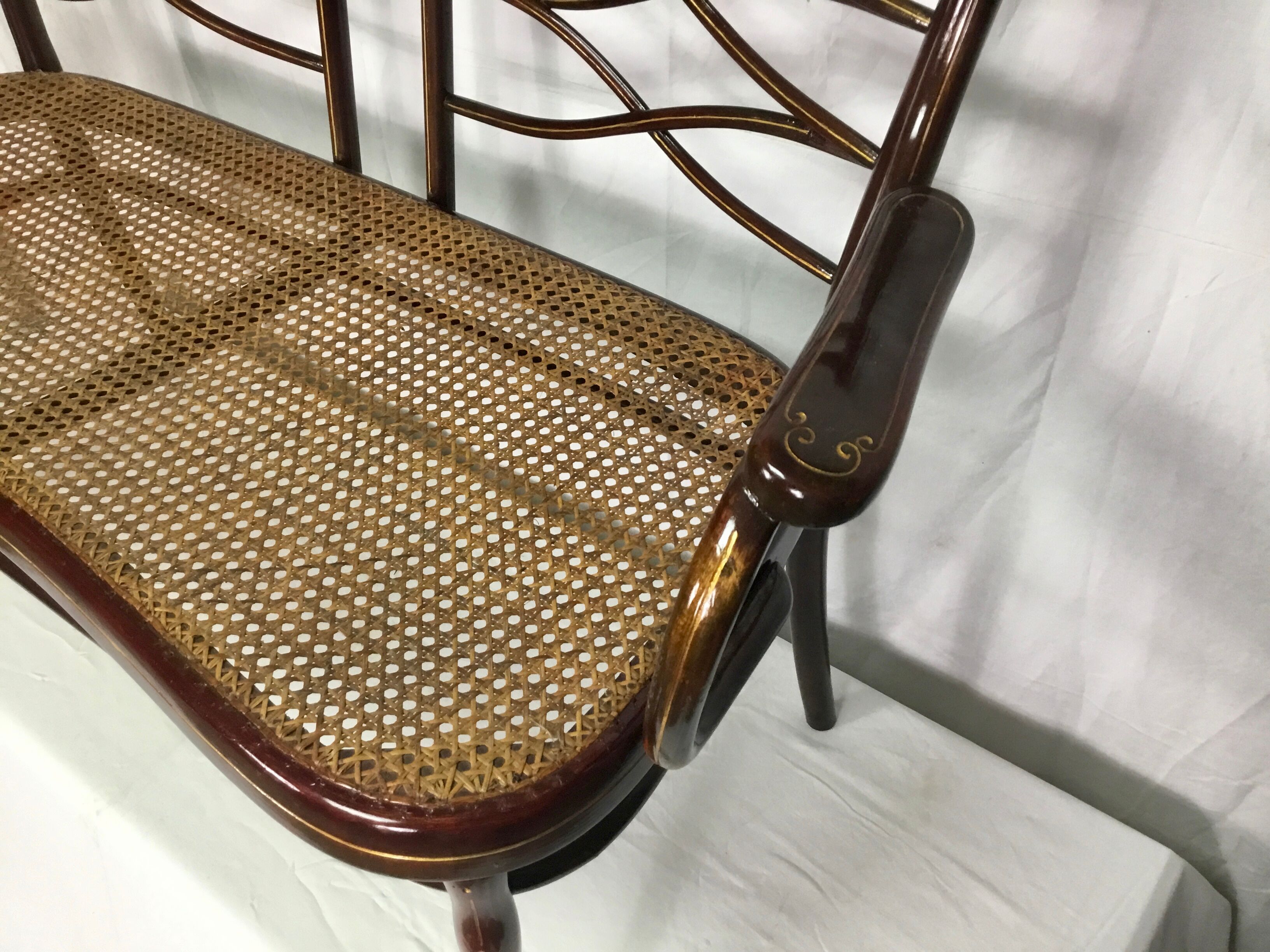 Turned wooden bench with caning by Thonet, Austria