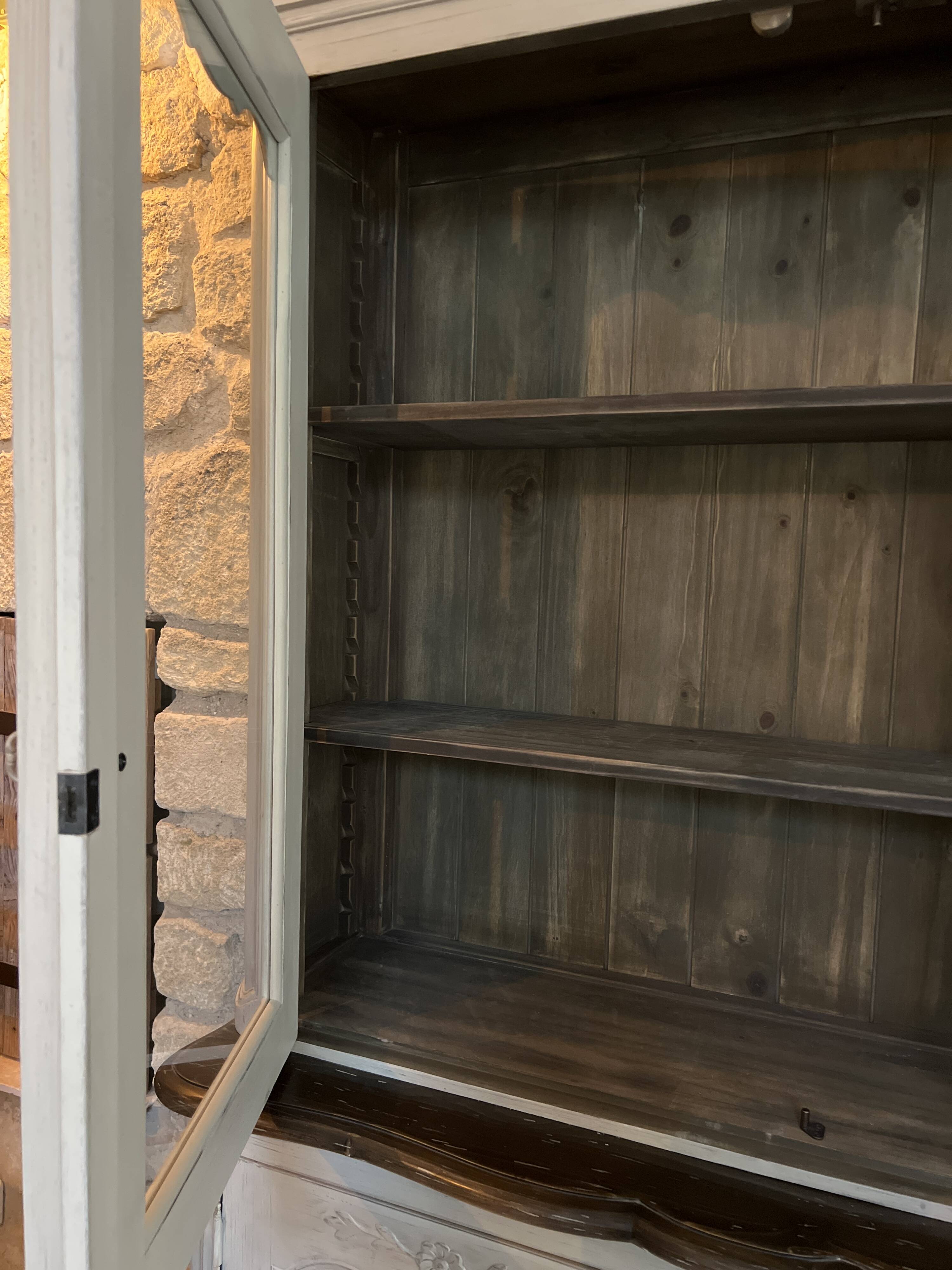 Charming vintage display cabinet in greige solid wood, castle charm.