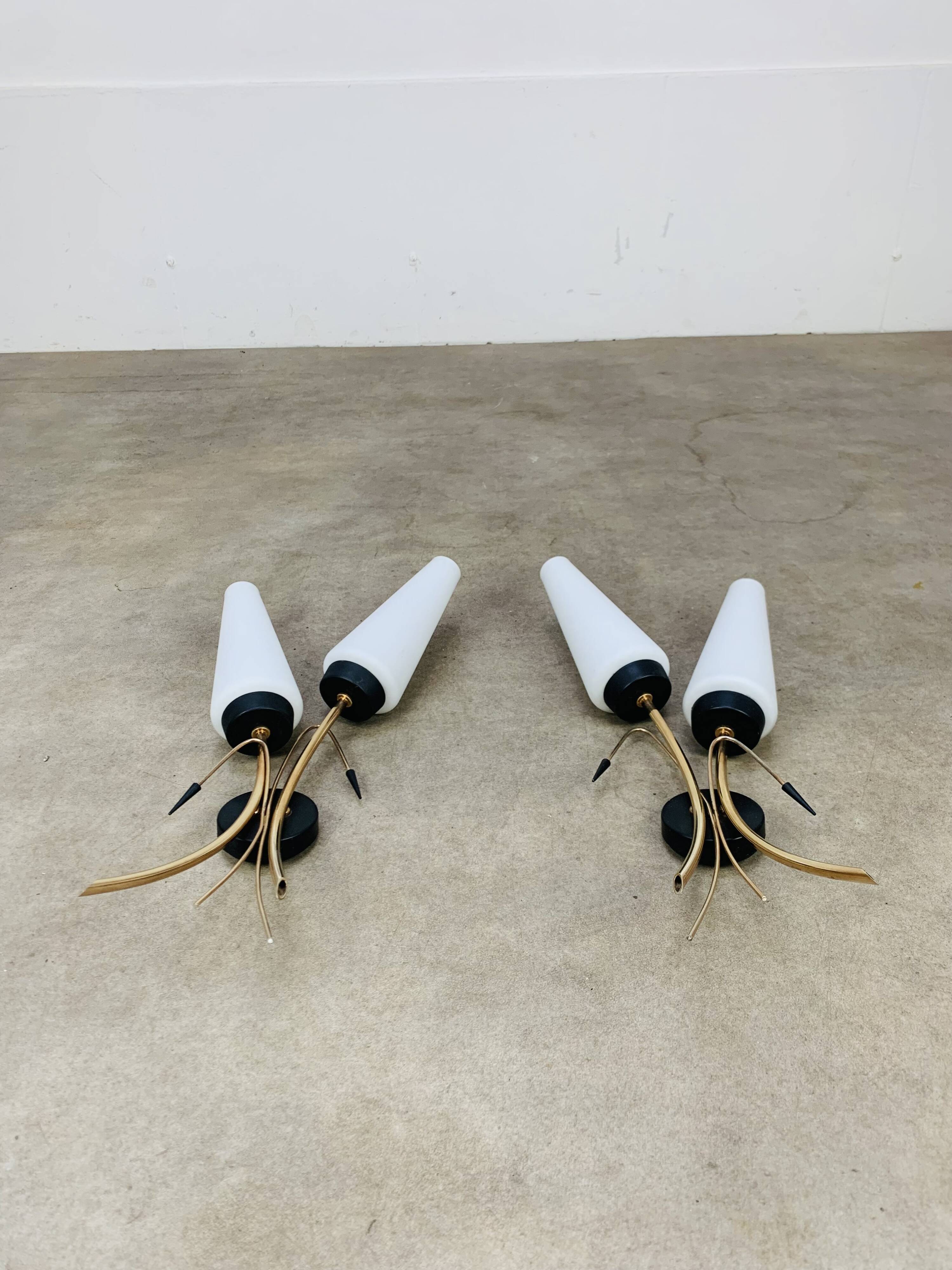 Pair of 1950s wall lights, opaline and brass tulips, Lunel Arlus