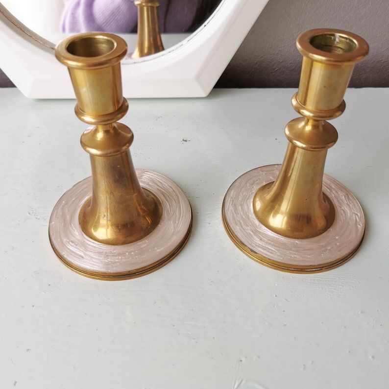 Set of 2 brass candle holders with mother-of-pearl, 1970s