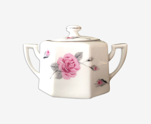 Sucrier en porcelaine de Limoges motif fleurs roses art déco