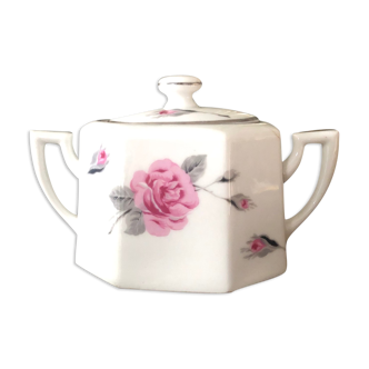 Sucrier en porcelaine de Limoges motif fleurs roses art déco