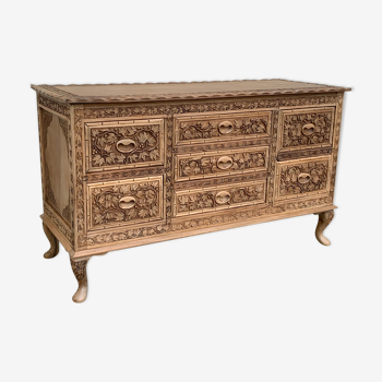 Commode Indienne basse Padouk massif sculpté main 1950